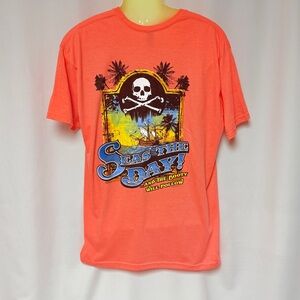 Sea’s The Day Pirate Skull Graphic Tee XL Orange Beach Cruise Tropical Shirt